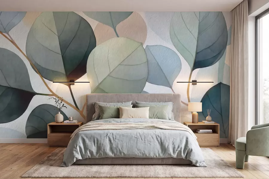Papier peint Feuilles d'eucalyptus peintes à l'aquarelle avec délicatesse w09927