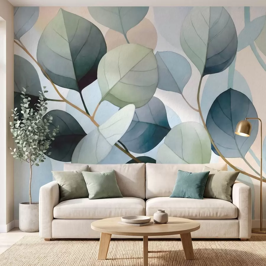 Papier peint Feuilles d'eucalyptus peintes à l'aquarelle avec délicatesse w09927