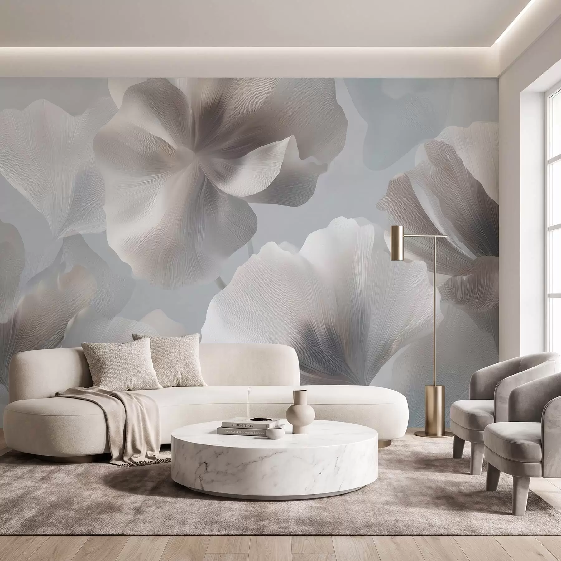 Papier peint Pétales de fleurs en soie volumineux dans des tons pastel délicats w09928