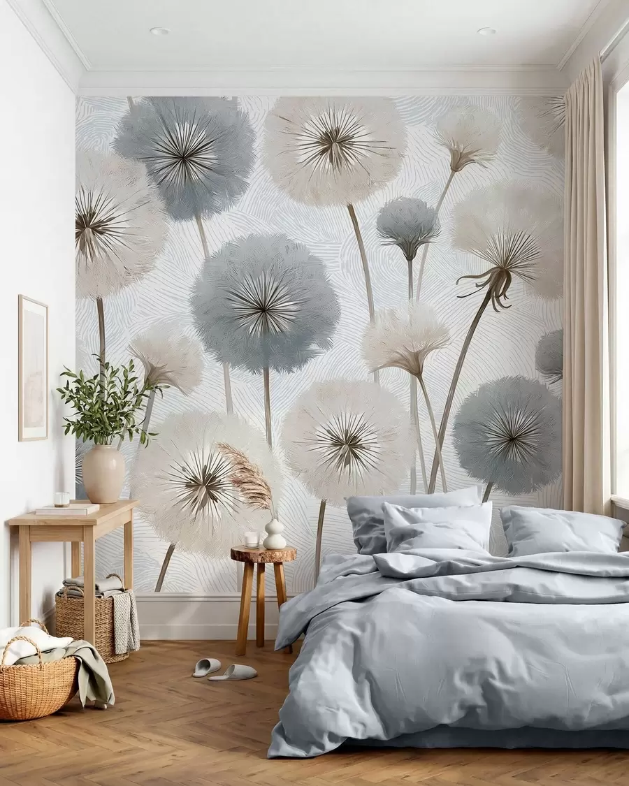 Papier peint Des pissenlits légers et duveteux dans une palette de couleurs douces et naturelles w09936