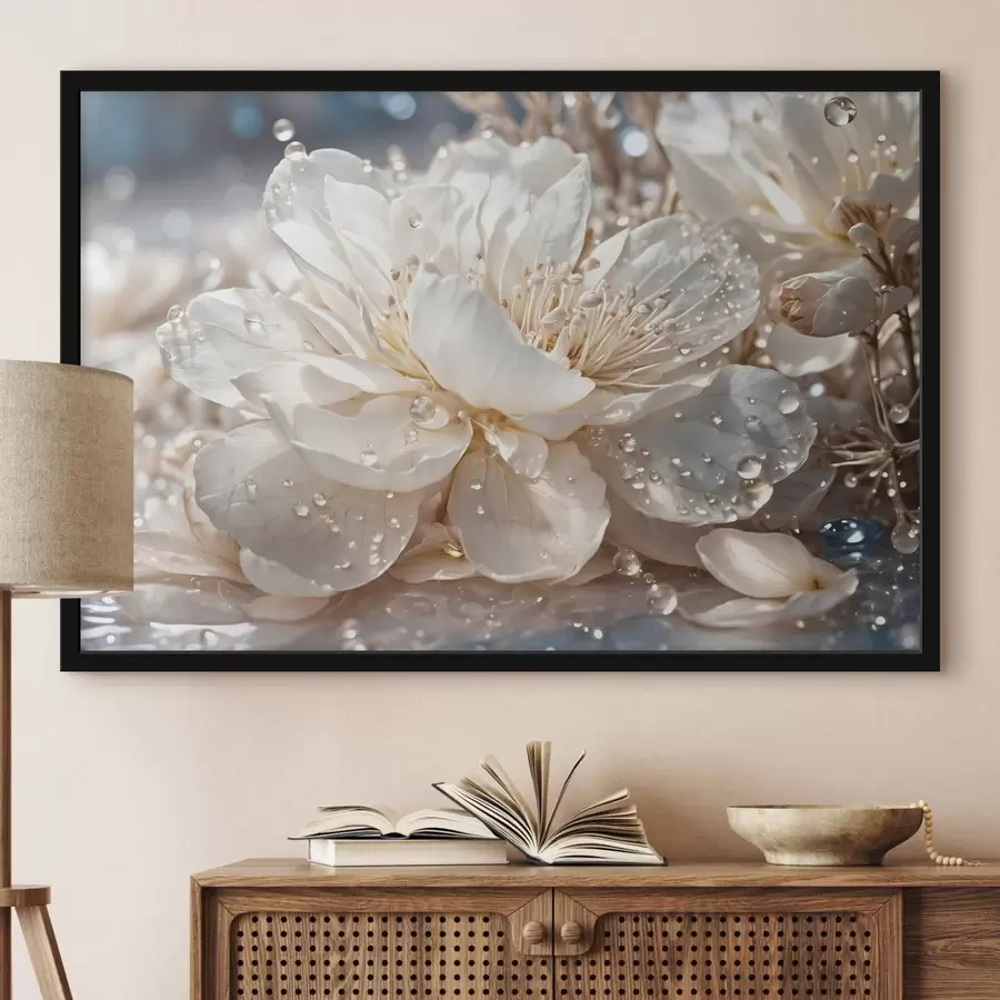 Papier peint Gros plan sur une fleur blanche avec des gouttelettes d'eau f49355