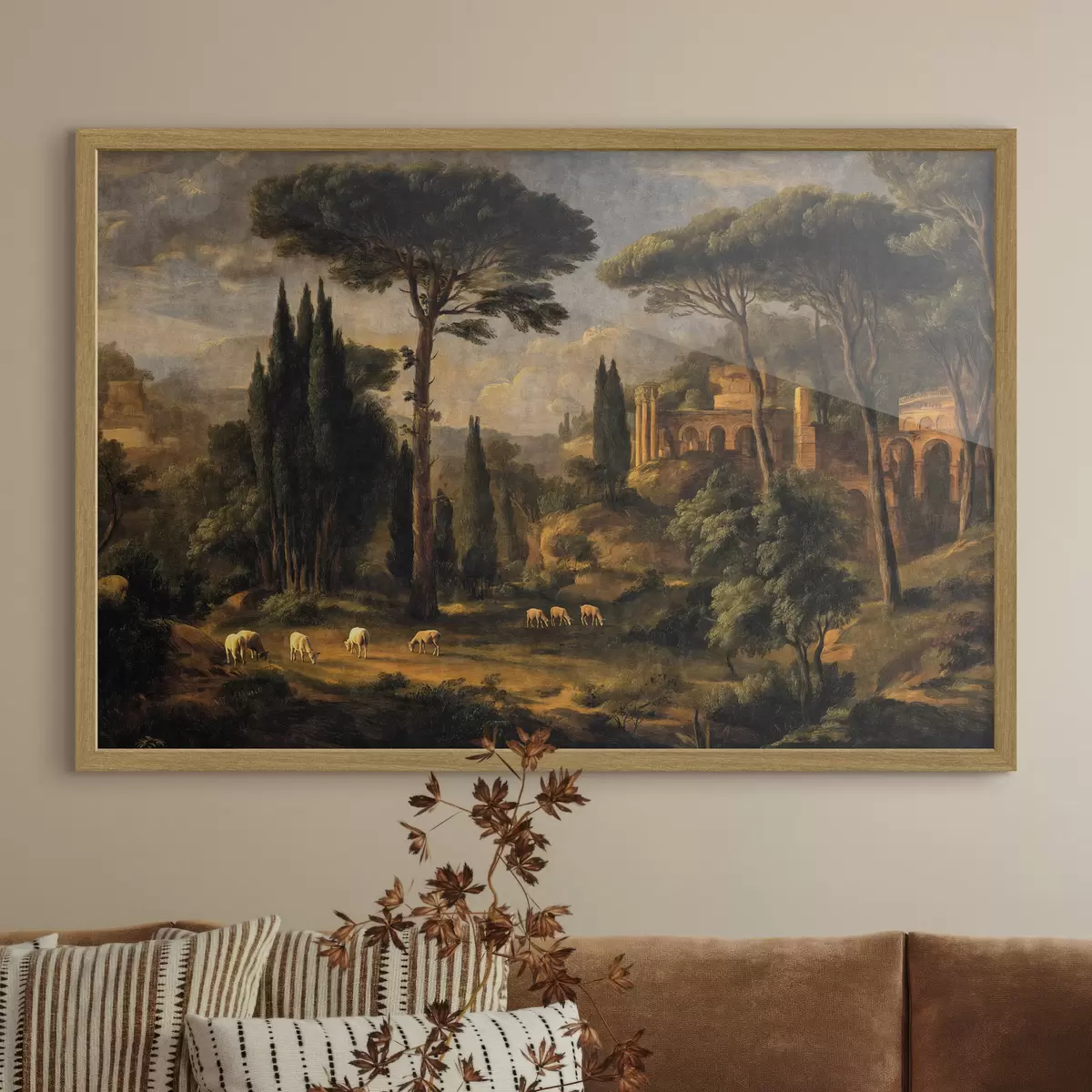 Poster Paysage classique avec des arbres, des ruines et des moutons f49674