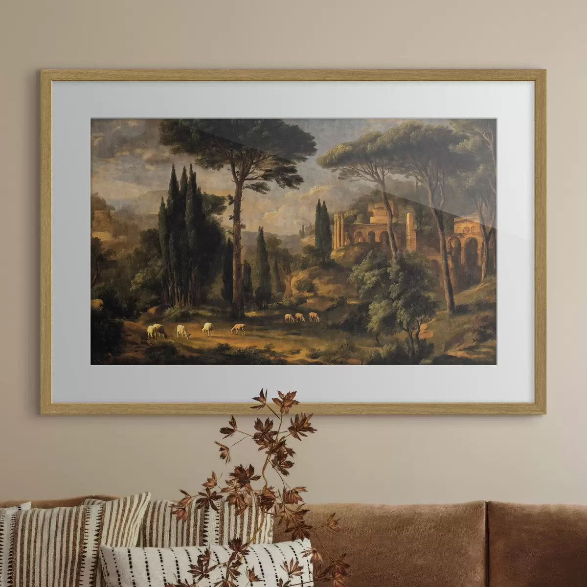 Poster Paysage classique avec des arbres, des ruines et des moutons f49674