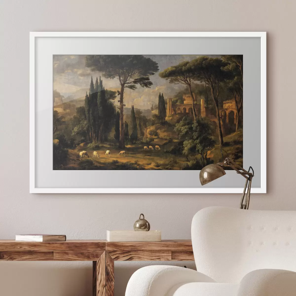 Poster Paysage classique avec des arbres, des ruines et des moutons f49674
