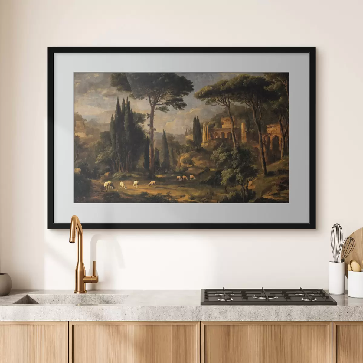 Poster Paysage classique avec des arbres, des ruines et des moutons f49674