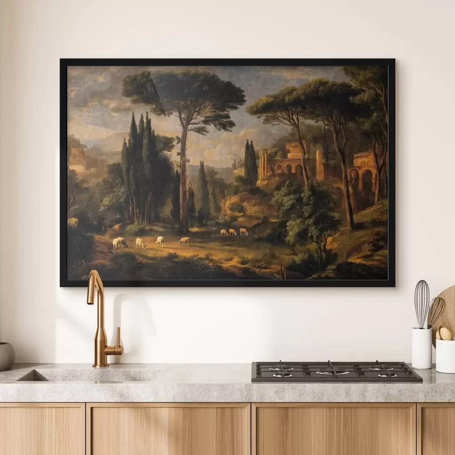 Papier peint Paysage classique avec des arbres, des ruines et des moutons f49674