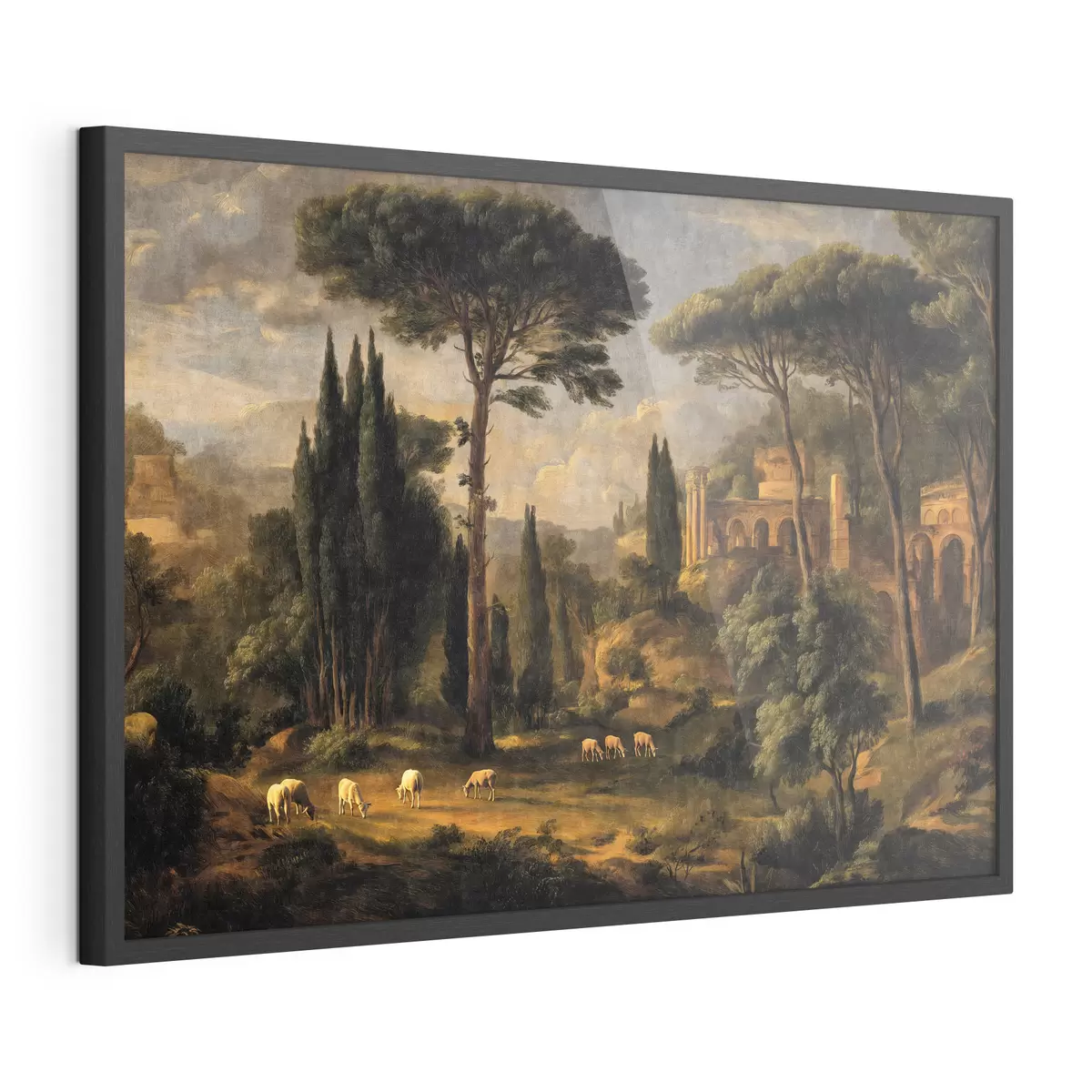 Poster Paysage classique avec des arbres, des ruines et des moutons f49674