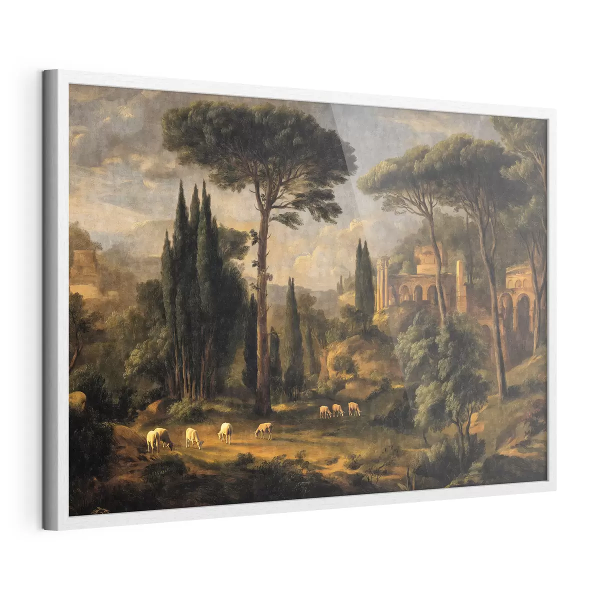 Poster Paysage classique avec des arbres, des ruines et des moutons f49674