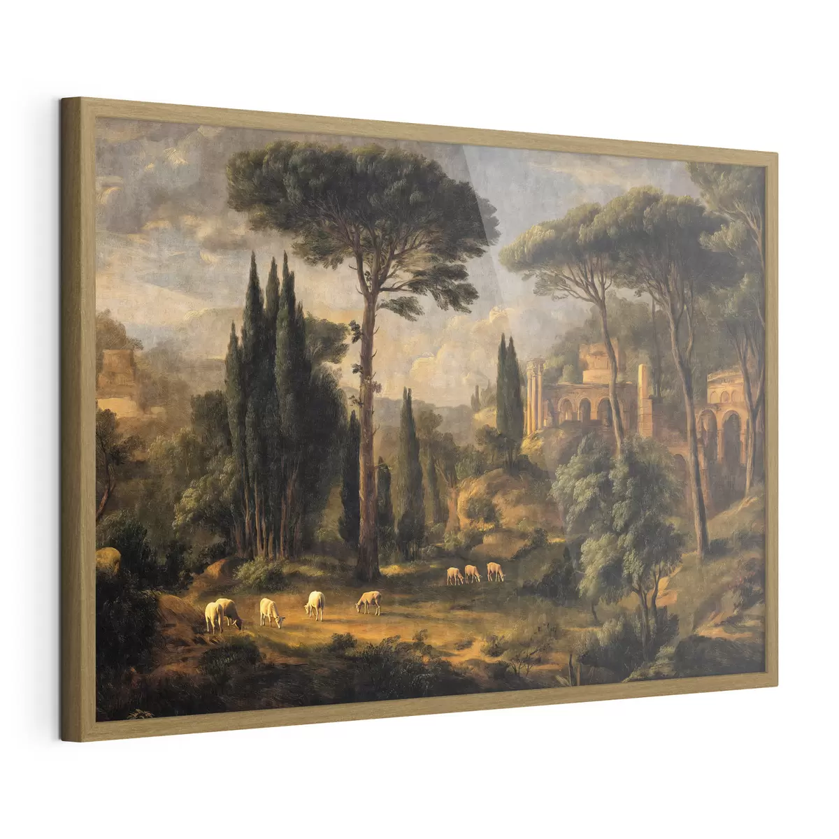 Poster Paysage classique avec des arbres, des ruines et des moutons f49674