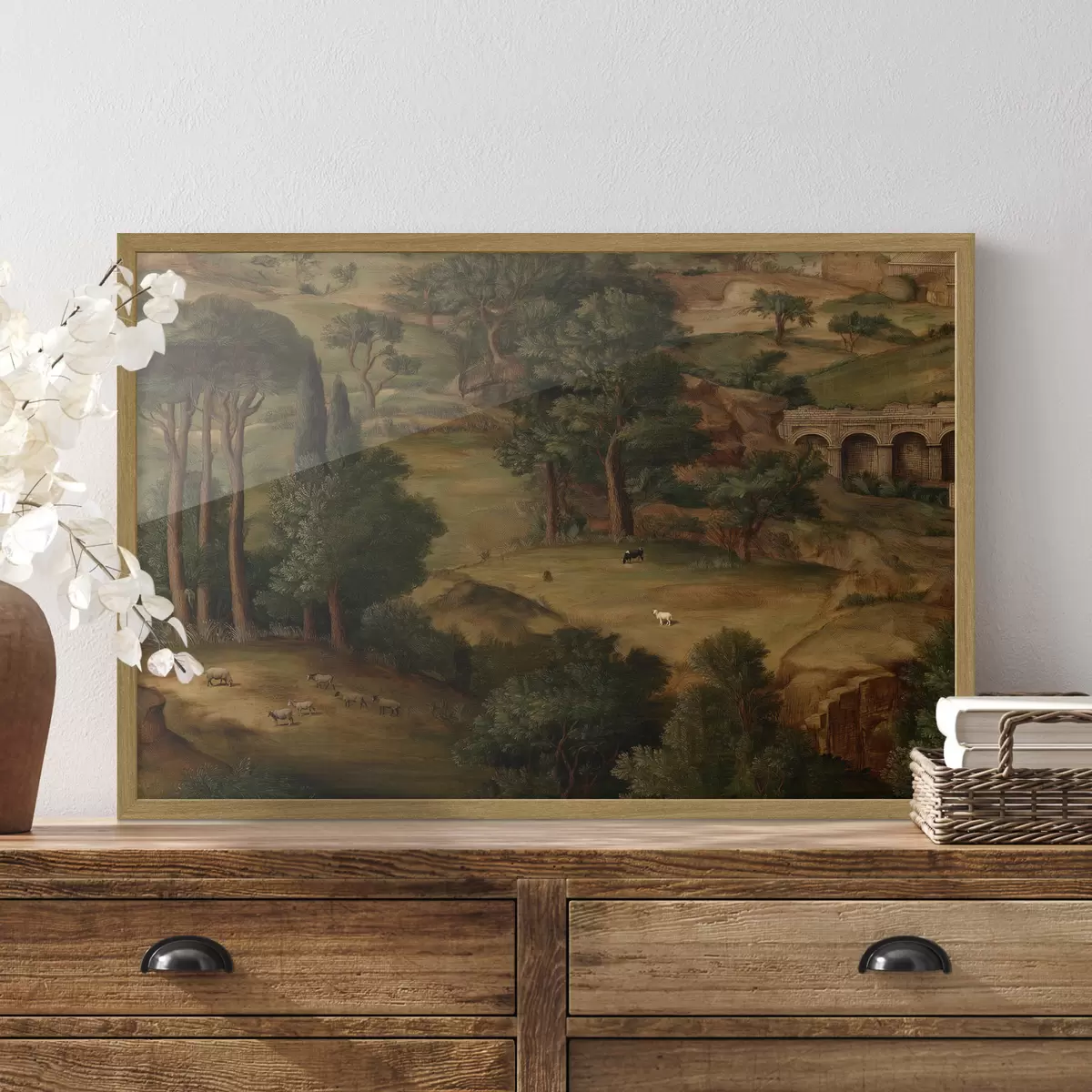 Poster Paysage champêtre avec des arbres et des ruines antiques f49675