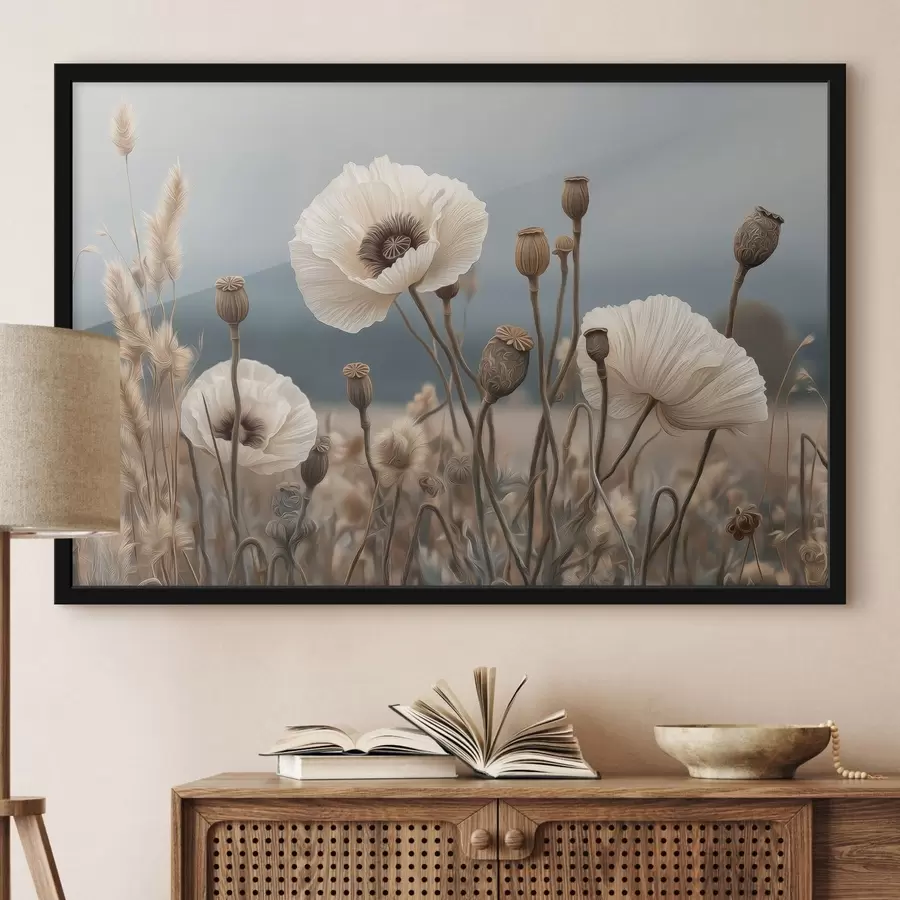 Papier peint Coquelicots des champs avec leurs capsules de graines f49691