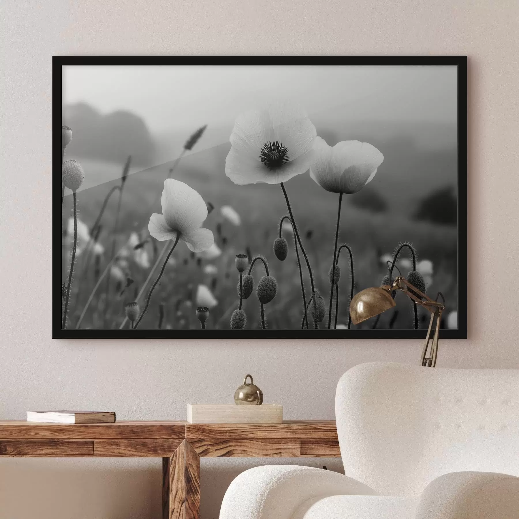 Papier peint Des coquelicots noirs et blancs sur un fond flou f49692
