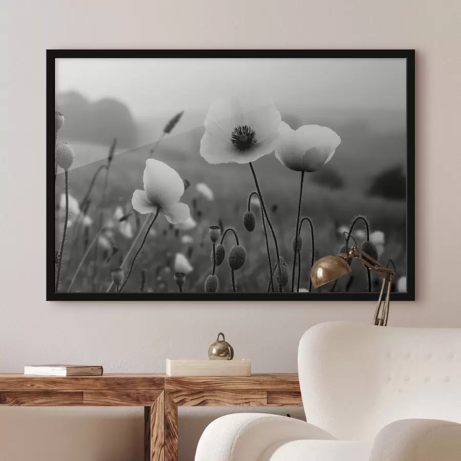Papier peint Des coquelicots noirs et blancs sur un fond flou f49692