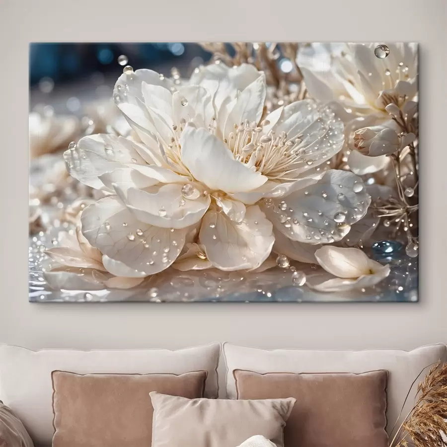 Tableau Gros plan sur une fleur blanche avec des gouttelettes d'eau s49355