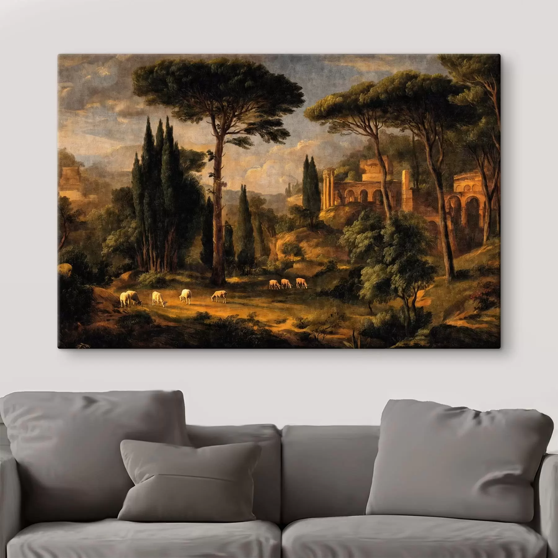 Tableau Paysage classique avec des arbres, des ruines et des moutons s49674