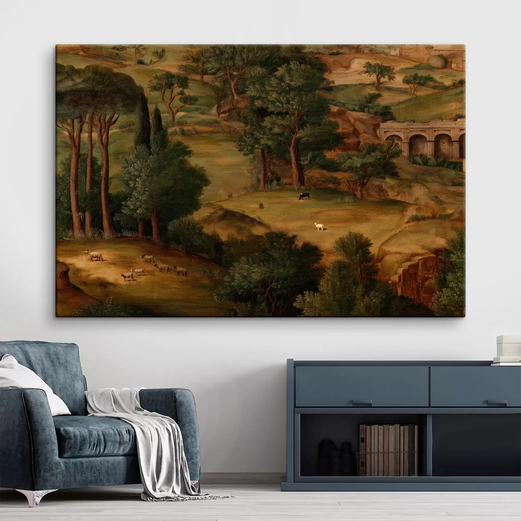 Tableau Paysage champêtre avec des arbres et des ruines antiques s49675