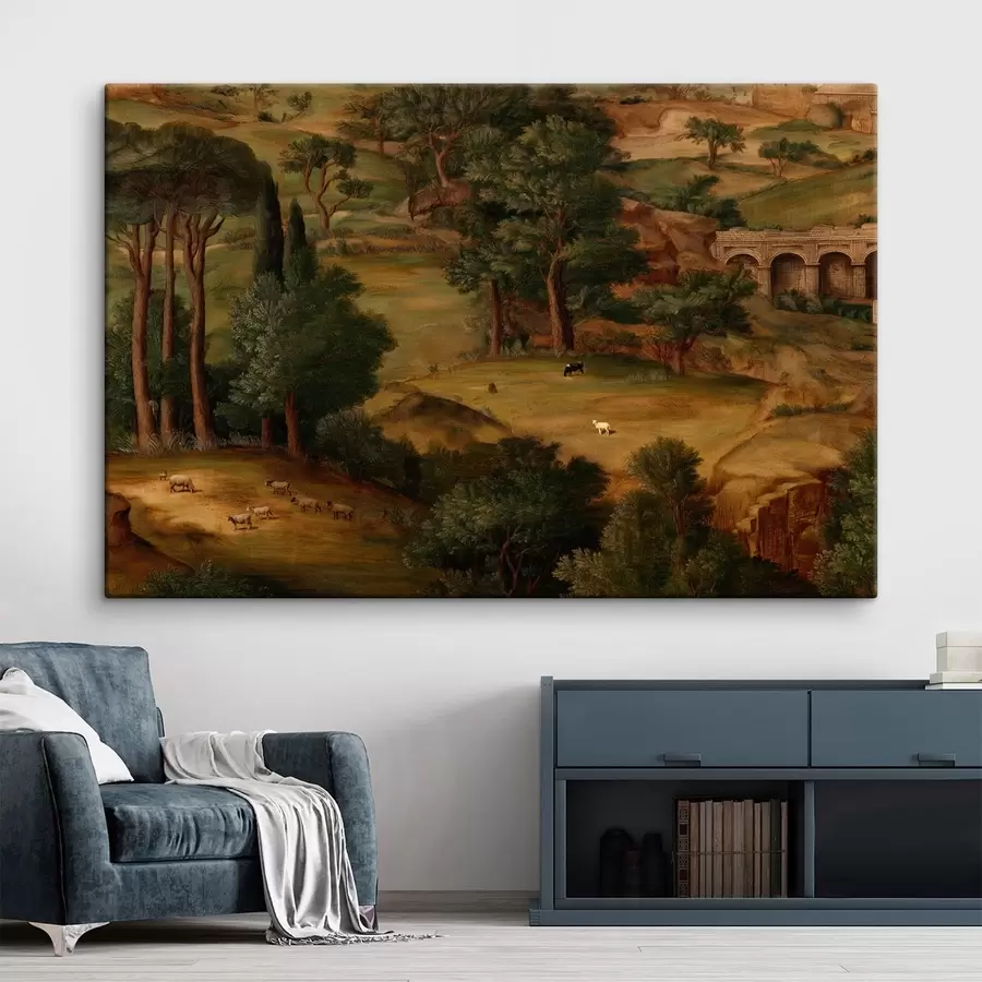 Tableau Paysage champêtre avec des arbres et des ruines antiques s49675