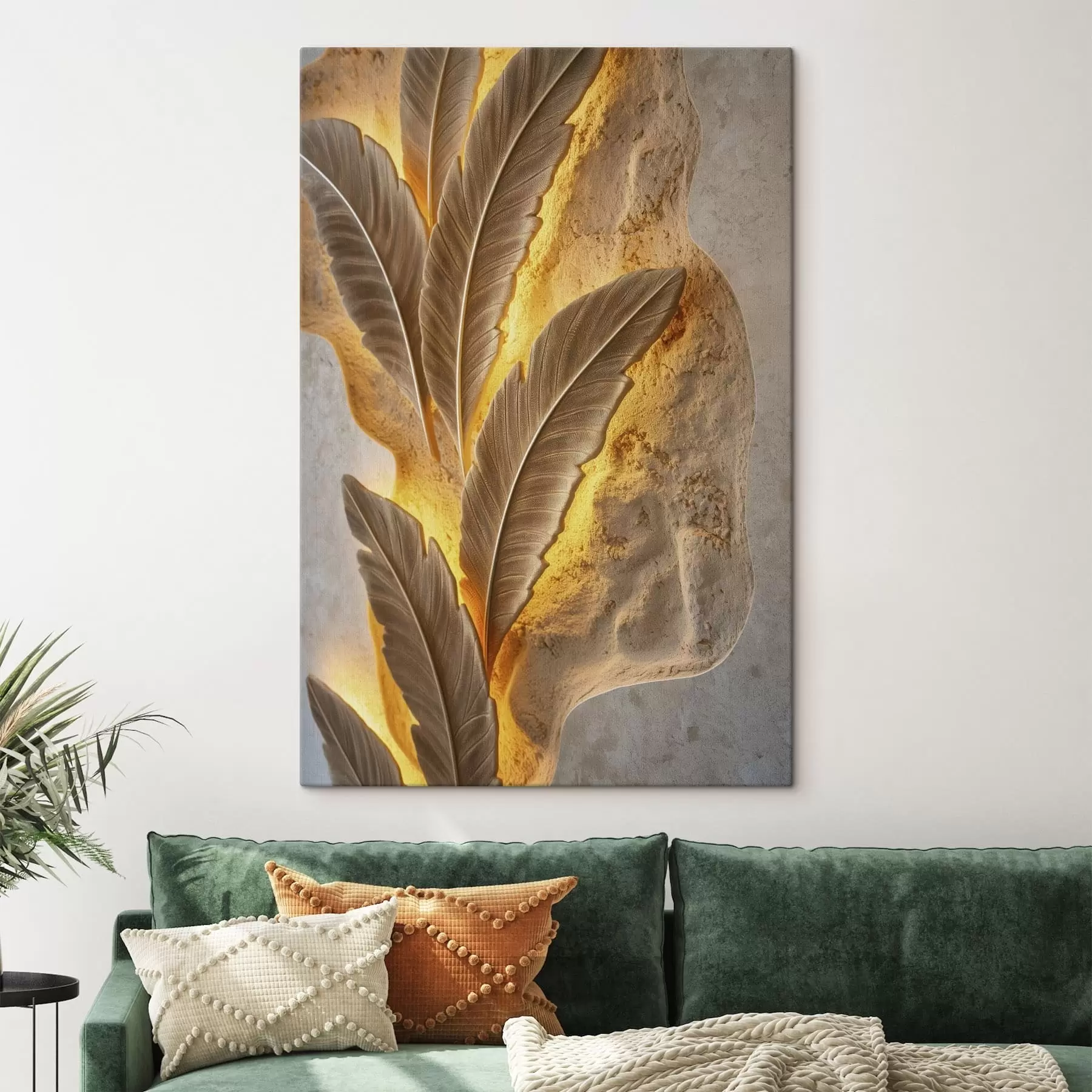 Tableau Feuilles en relief sur une surface claire et texturée s49682