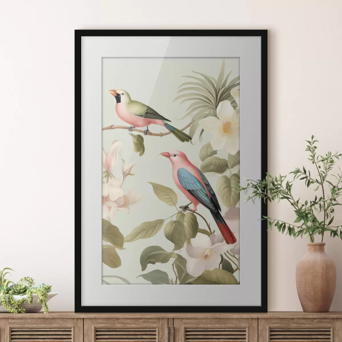 Poster Un colibri dans un jardin en fleurs f49733