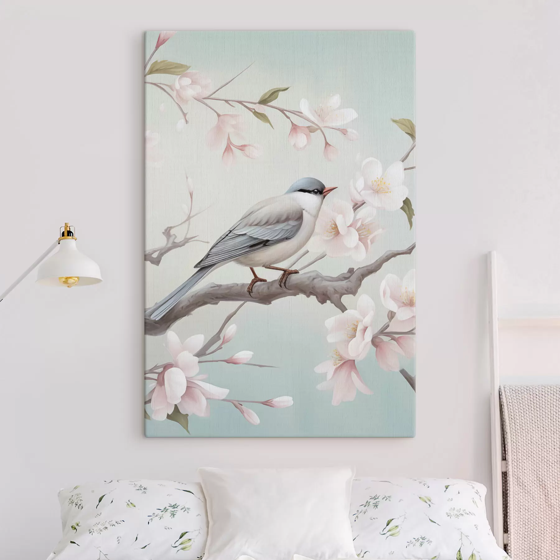 Tableau Un oiseau perché sur une branche en fleurs s49550