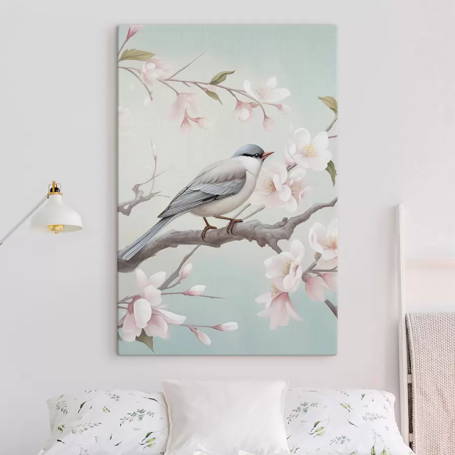 Tableau Un oiseau perché sur une branche en fleurs s49550