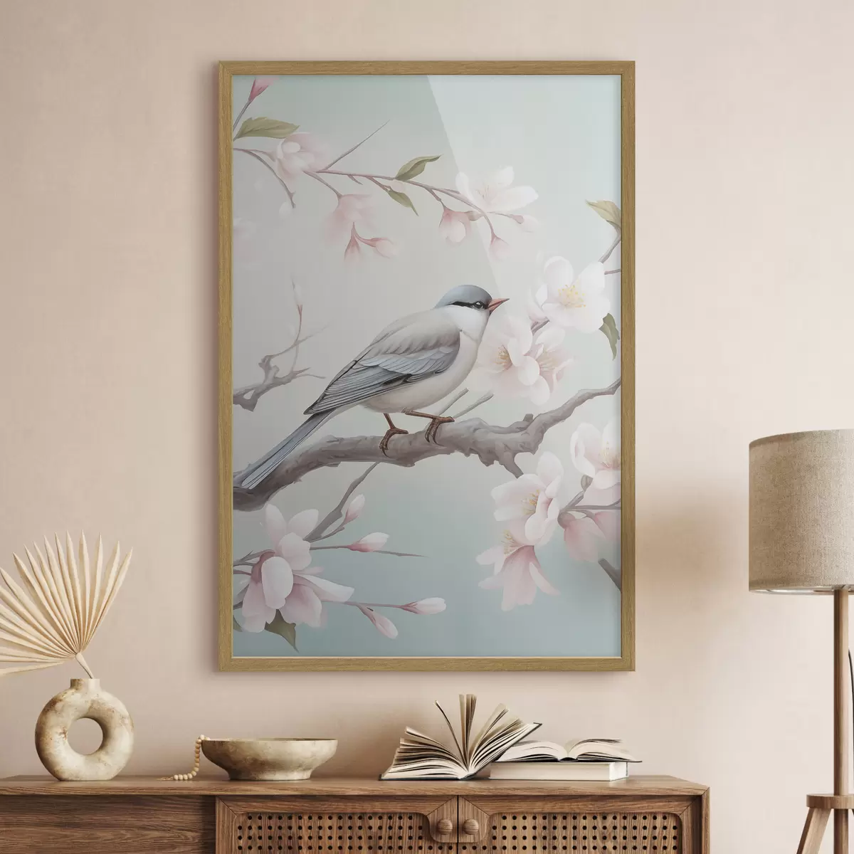 Poster Un oiseau perché sur une branche en fleurs f49550