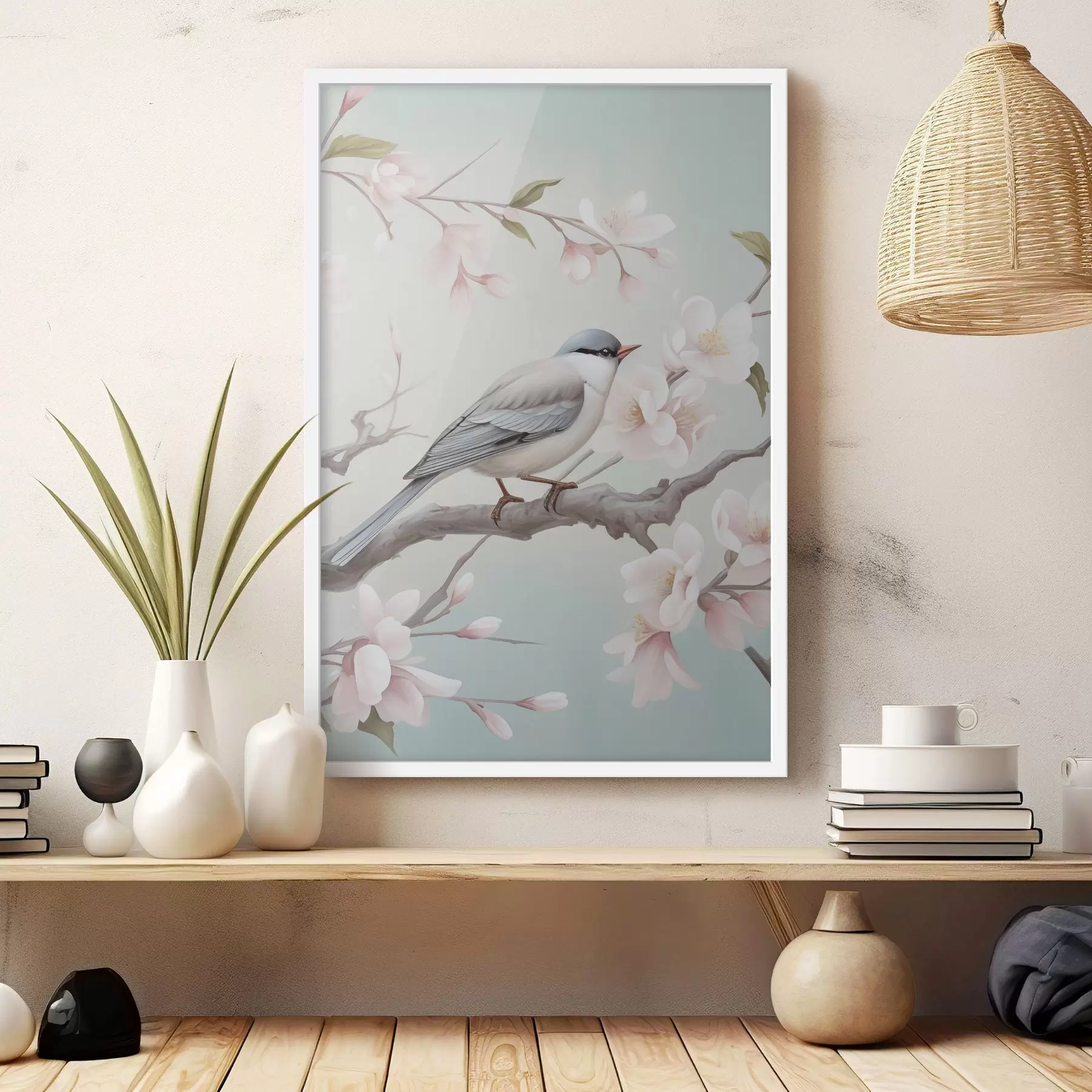 Papier peint Un oiseau perché sur une branche en fleurs f49550