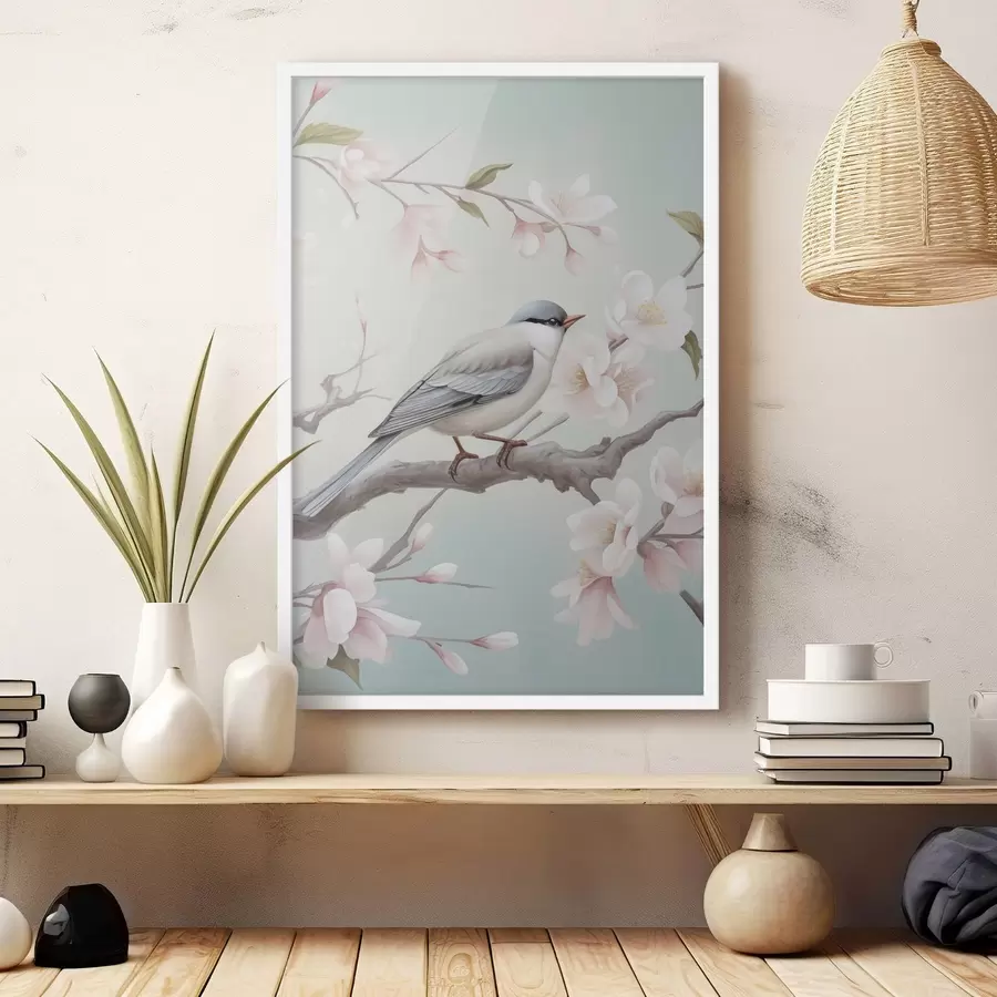 Papier peint Un oiseau perché sur une branche en fleurs f49550