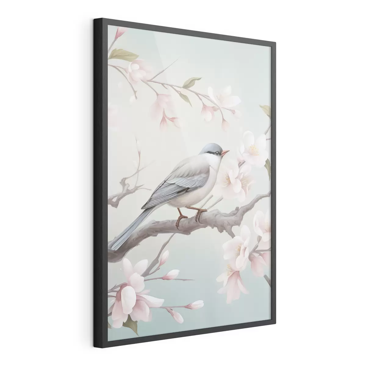 Poster Un oiseau perché sur une branche en fleurs f49550