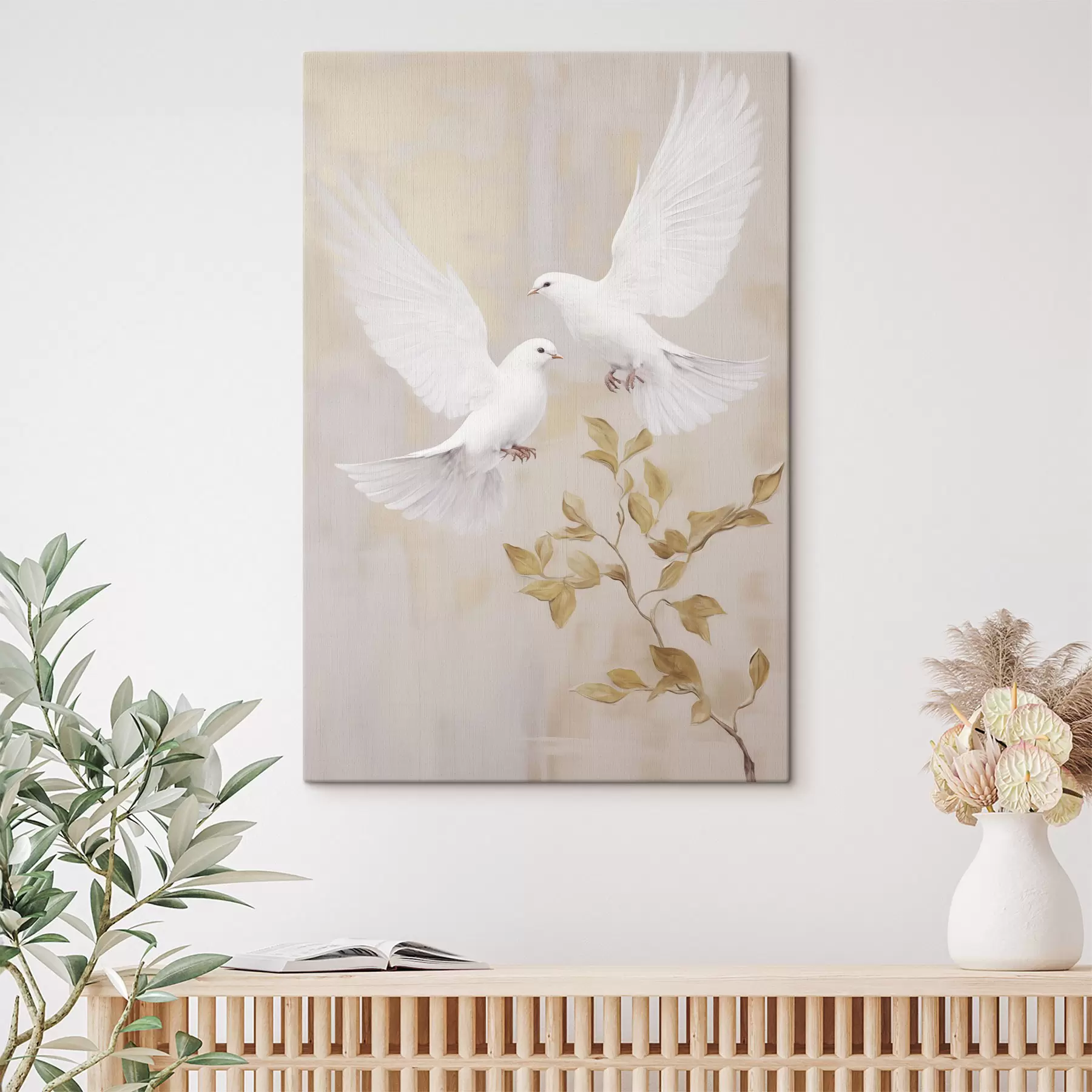 Tableau Un oiseau blanc près d'une branche aux feuilles brun clair, sur un arrière-plan aux tons sobres s49764
