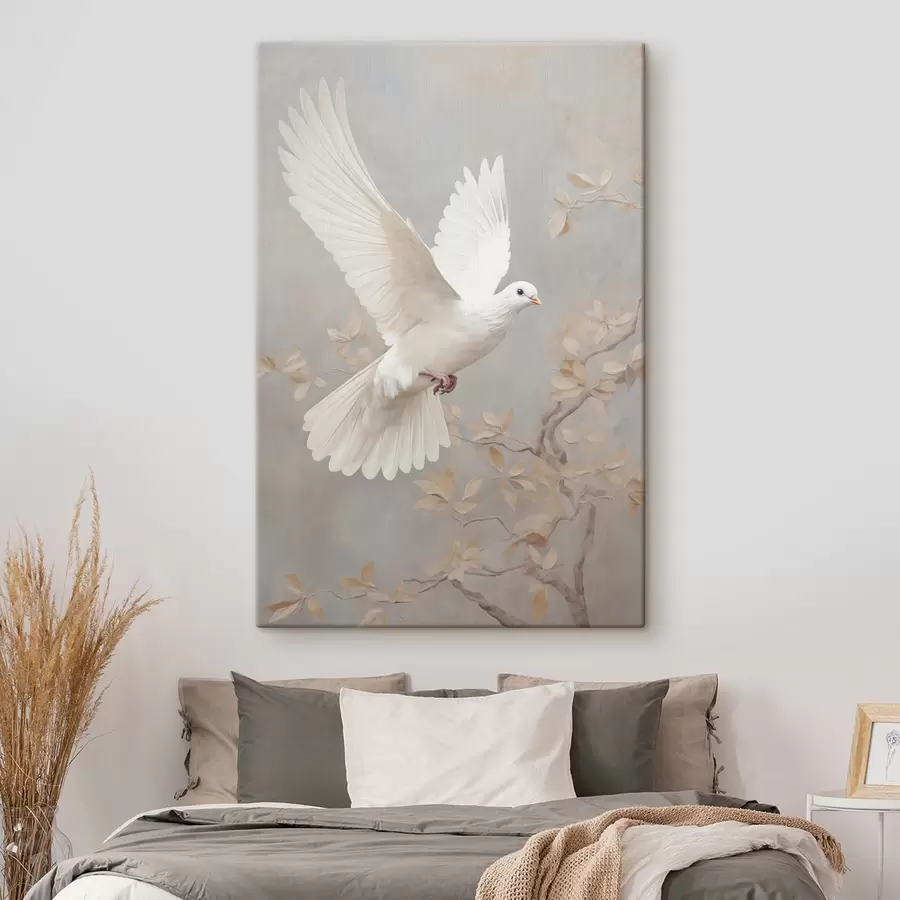 Tableau Un oiseau blanc près d'une branche aux feuilles brun clair, sur un arrière-plan aux tons sobres s49763