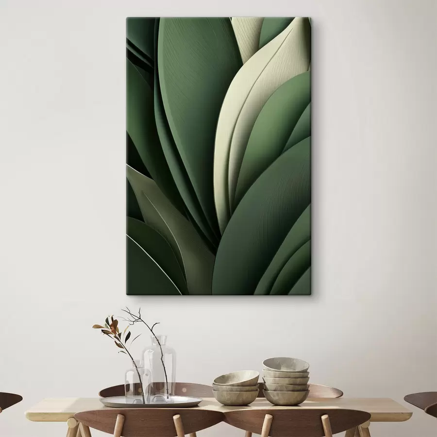 Tableau Feuilles vertes abstraites superposées, rehaussées de subtiles touches crème s49765