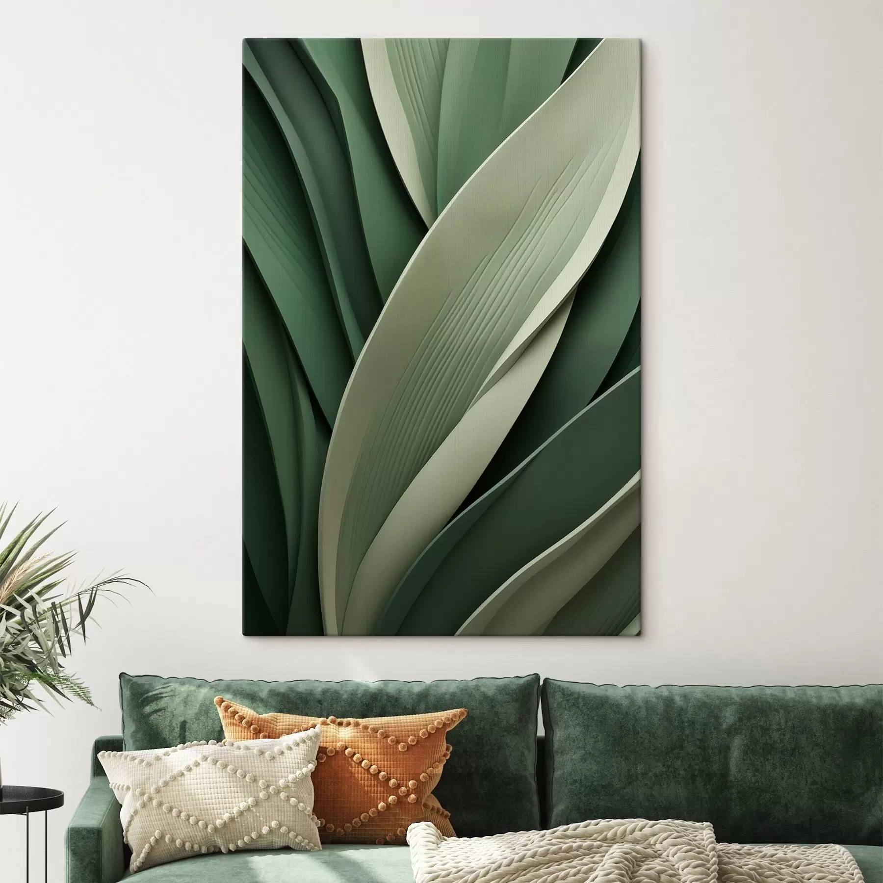 Tableau Feuilles vertes abstraites superposées, rehaussées de subtiles touches crème s49766