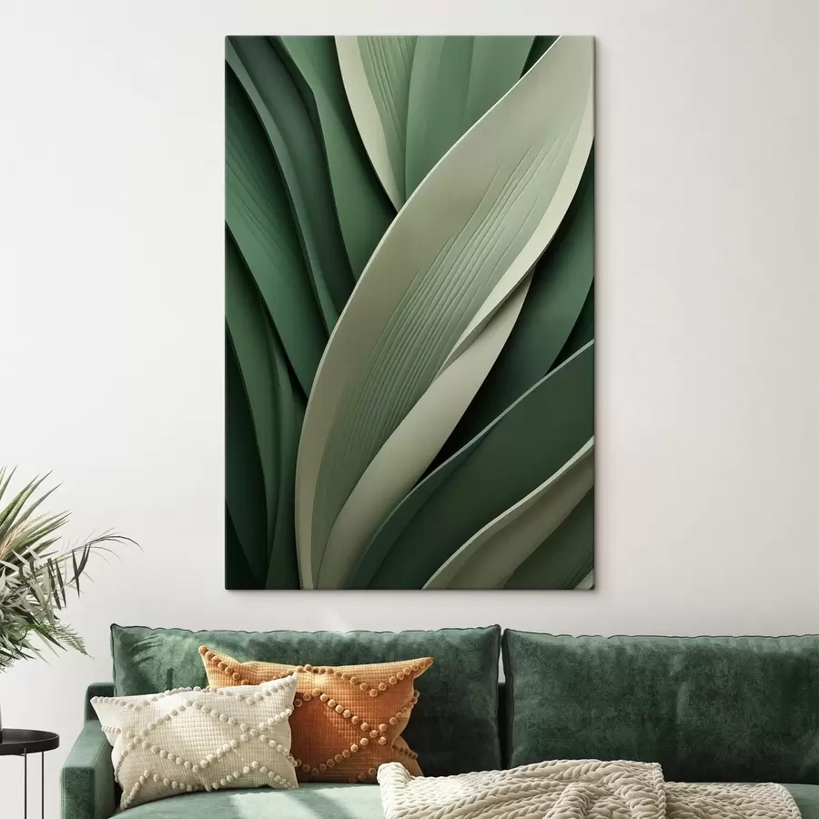 Tableau Feuilles vertes abstraites superposées, rehaussées de subtiles touches crème s49766