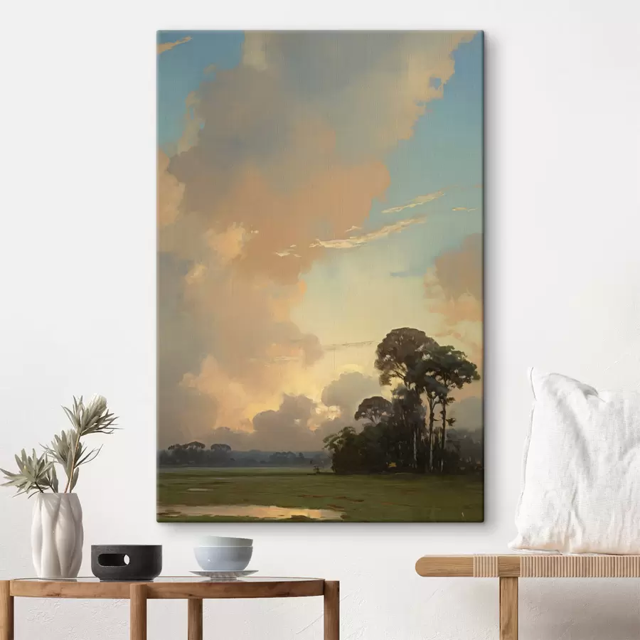 Tableau Un paysage représentant un champ herbeux avec des arbres au loin, sous un ciel nuageux s49774