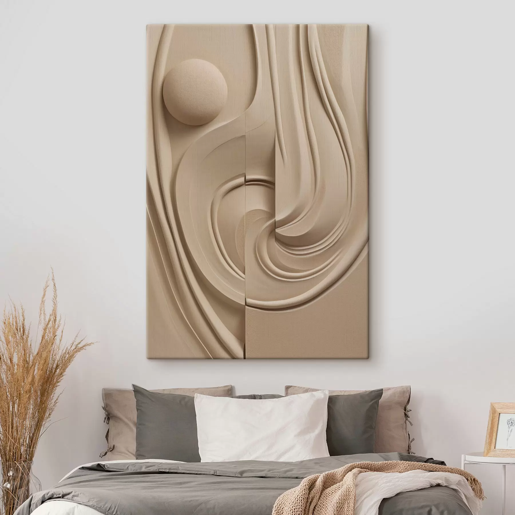 Tableau Une œuvre d'art abstraite beige, texturée, composée de lignes fluides et d'une sphère s49775