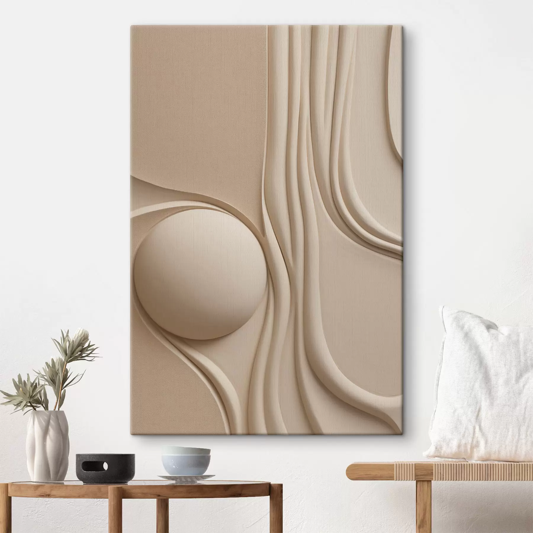 Tableau Une œuvre d'art abstraite beige, texturée, composée de lignes fluides et d'une sphère s49776