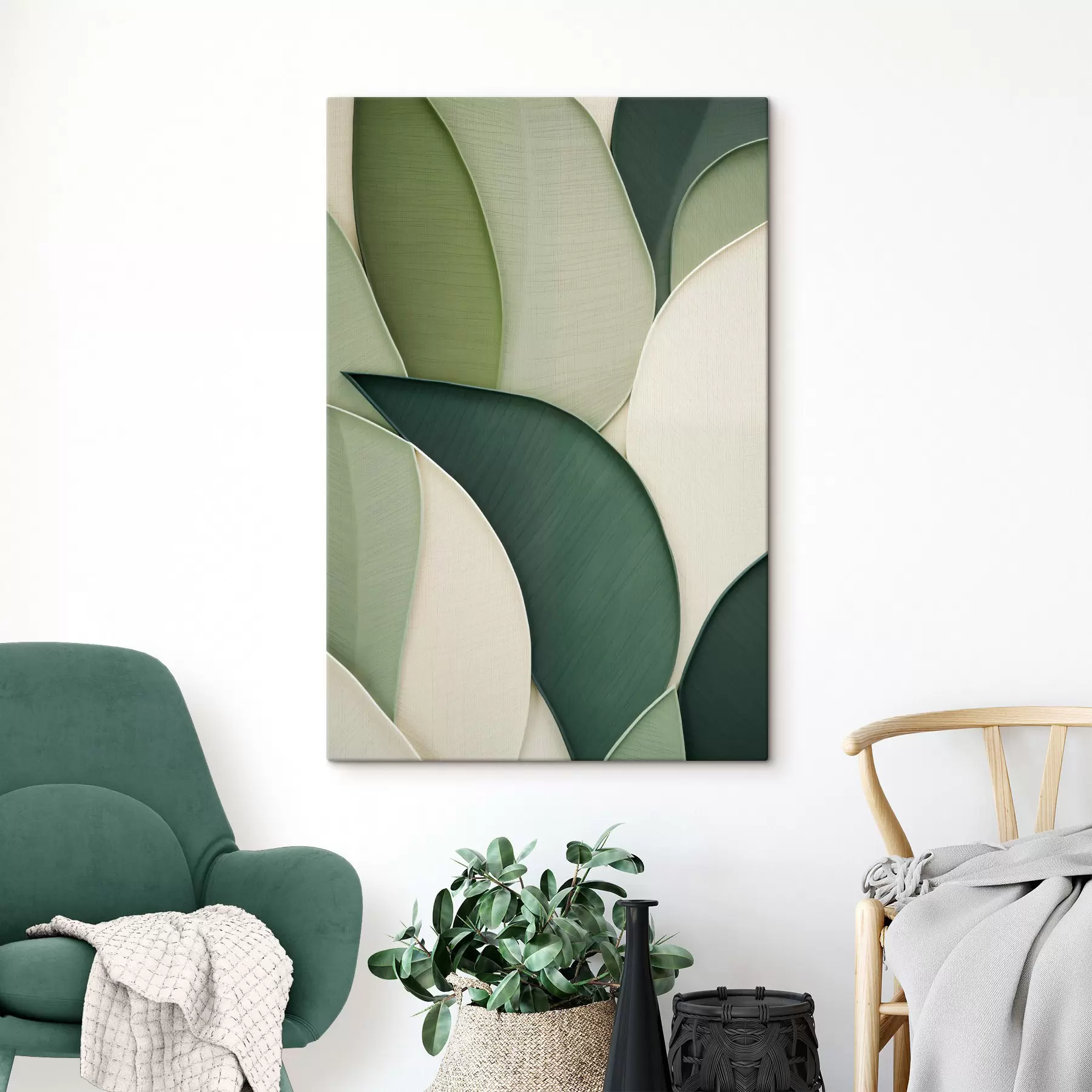 Tableau Œuvre d'art abstrait composée de formes organiques vertes et crème qui se chevauchent s49777