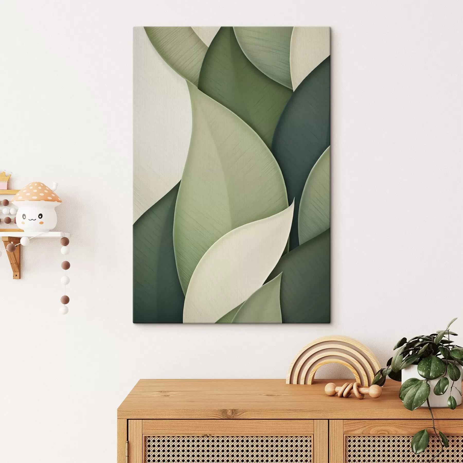 Tableau Œuvre d'art abstrait composée de formes organiques vertes et crème qui se chevauchent s49778