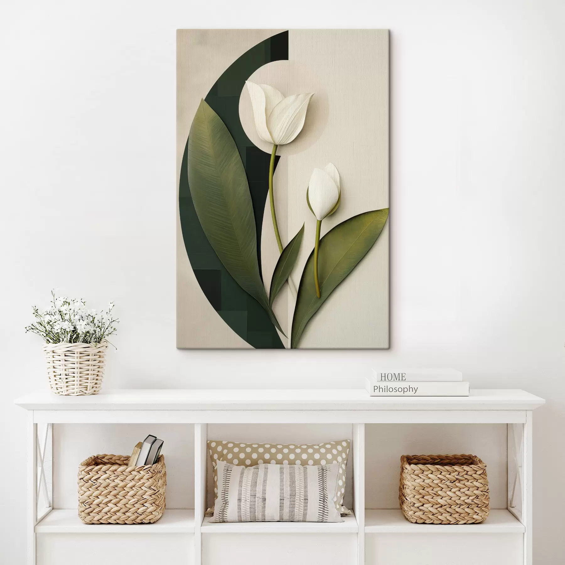 Tableau Tulipes blanches avec des feuilles et des tiges vertes, art abstrait s49779