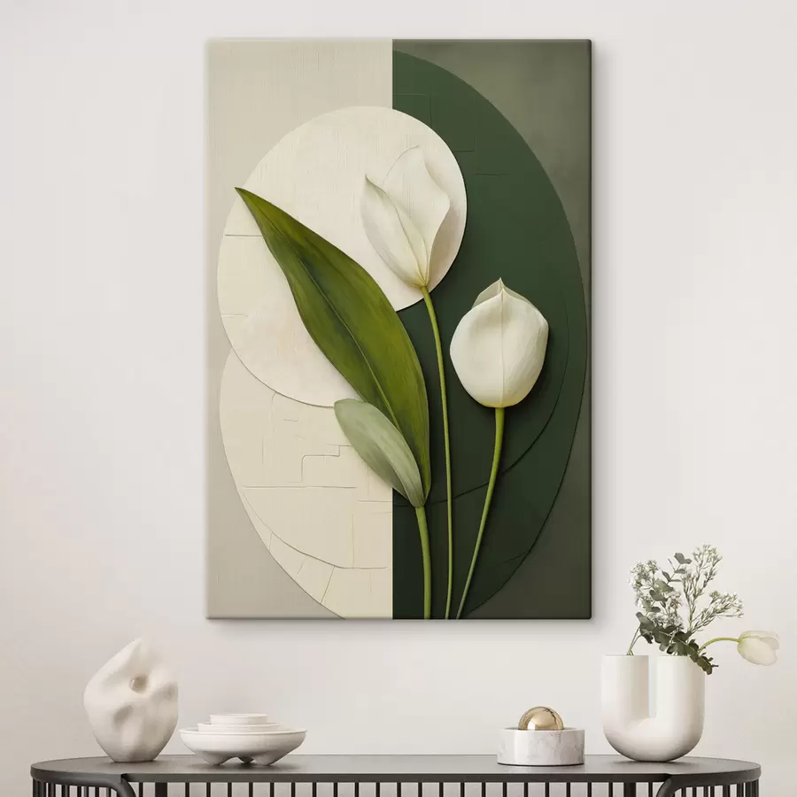 Tableau Tulipes blanches avec des feuilles et des tiges vertes, art abstrait s49780