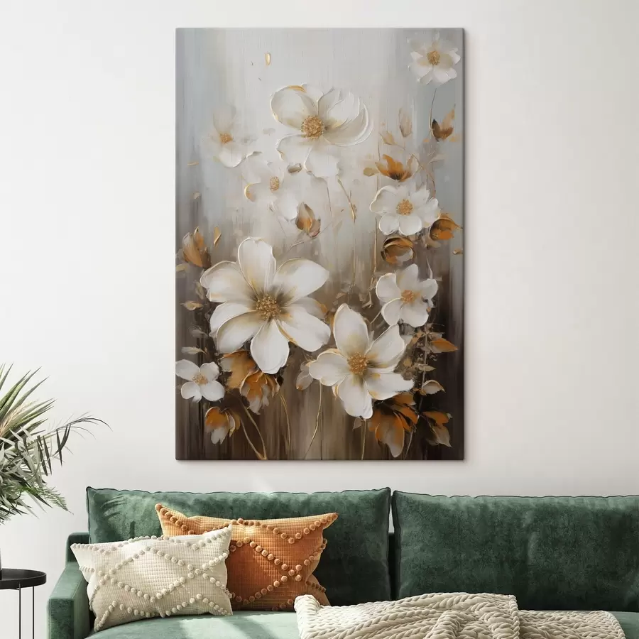 Tableau Fleurs blanches aux pétales texturés et aux touches jaunes, sur fond abstrait s49781