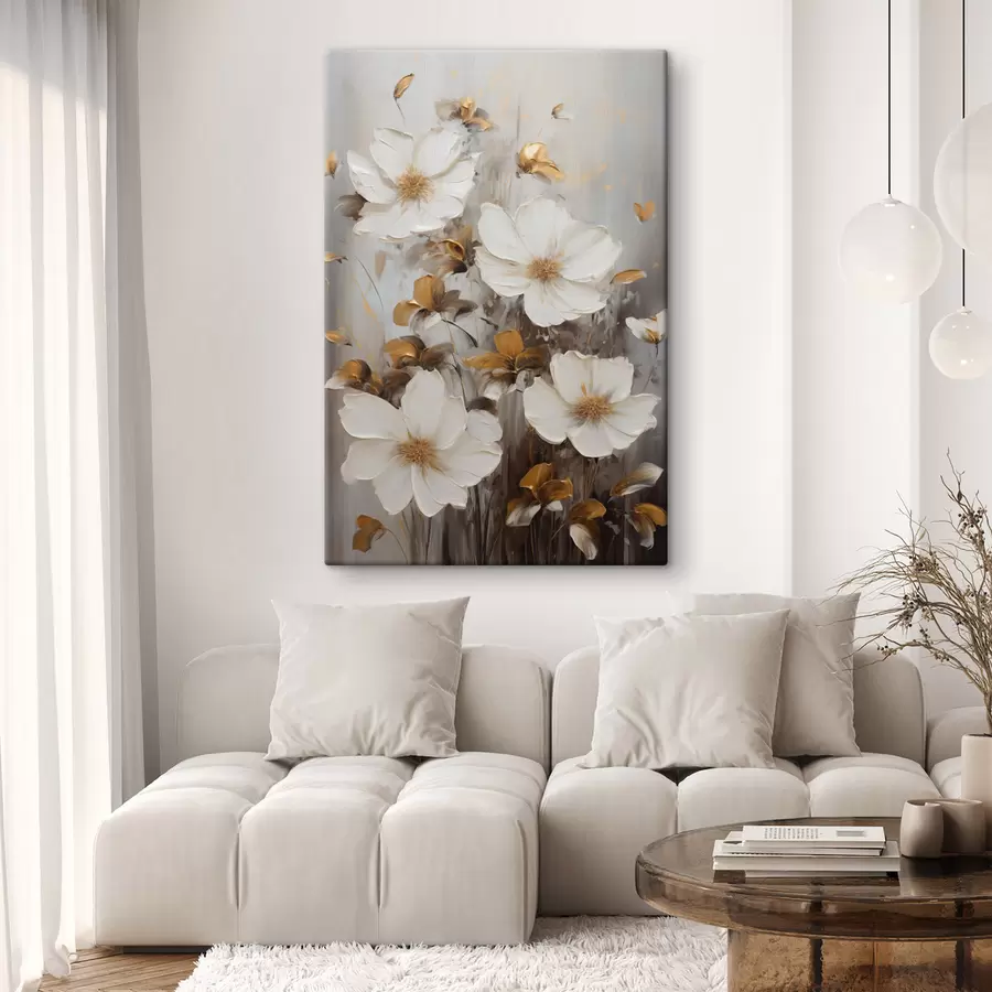 Tableau Fleurs blanches aux pétales texturés et aux touches jaunes, sur fond abstrait s49782