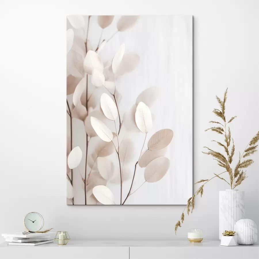 Tableau Des feuilles d'eucalyptus beige pâle sur un fond clair et texturé s49793