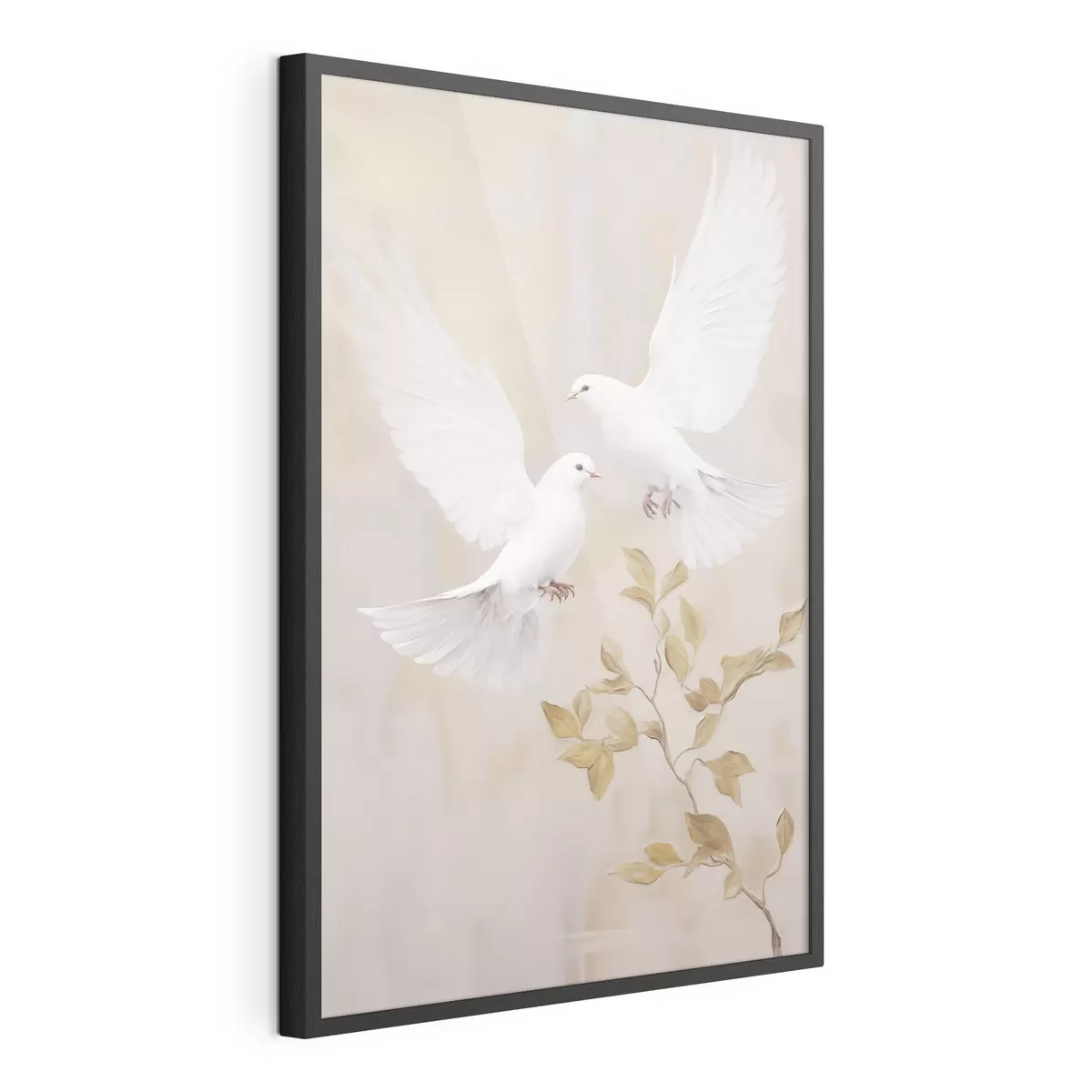 Poster Un oiseau blanc près d'une branche aux feuilles brun clair, sur un arrière-plan aux tons sobres f49764
