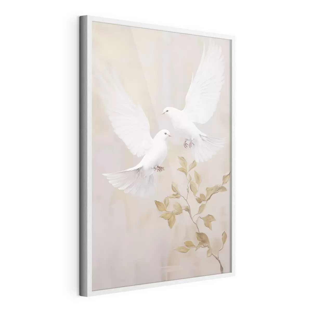 Poster Un oiseau blanc près d'une branche aux feuilles brun clair, sur un arrière-plan aux tons sobres f49764