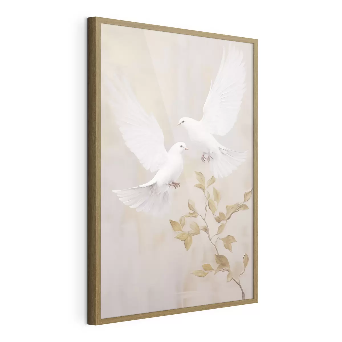 Poster Un oiseau blanc près d'une branche aux feuilles brun clair, sur un arrière-plan aux tons sobres f49764