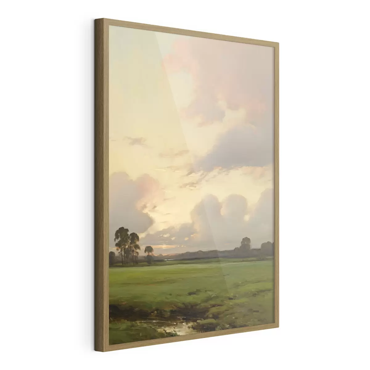 Poster Un paysage représentant un champ herbeux avec des arbres au loin, sous un ciel nuageux f49773