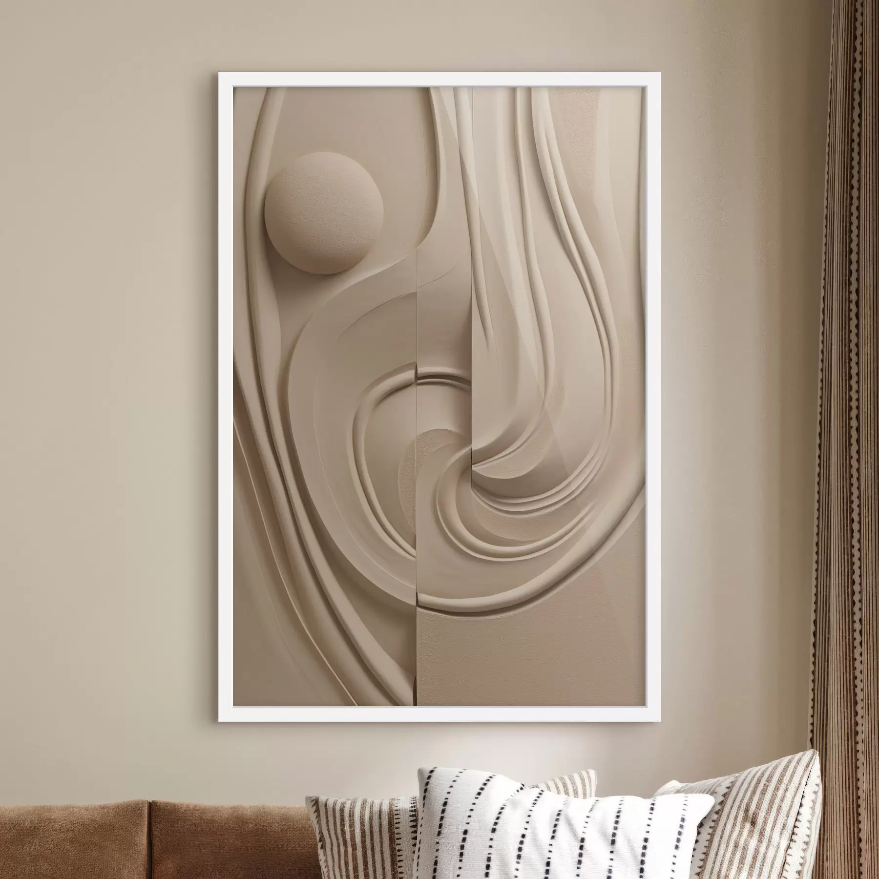 Papier peint Une œuvre d'art abstraite beige, texturée, composée de lignes fluides et d'une sphère f49775