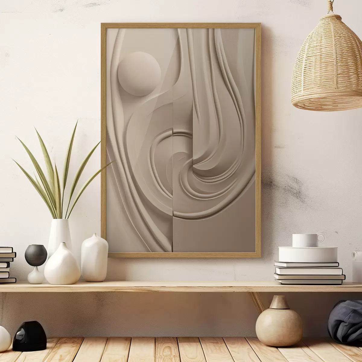 Poster Une œuvre d'art abstraite beige, texturée, composée de lignes fluides et d'une sphère f49775